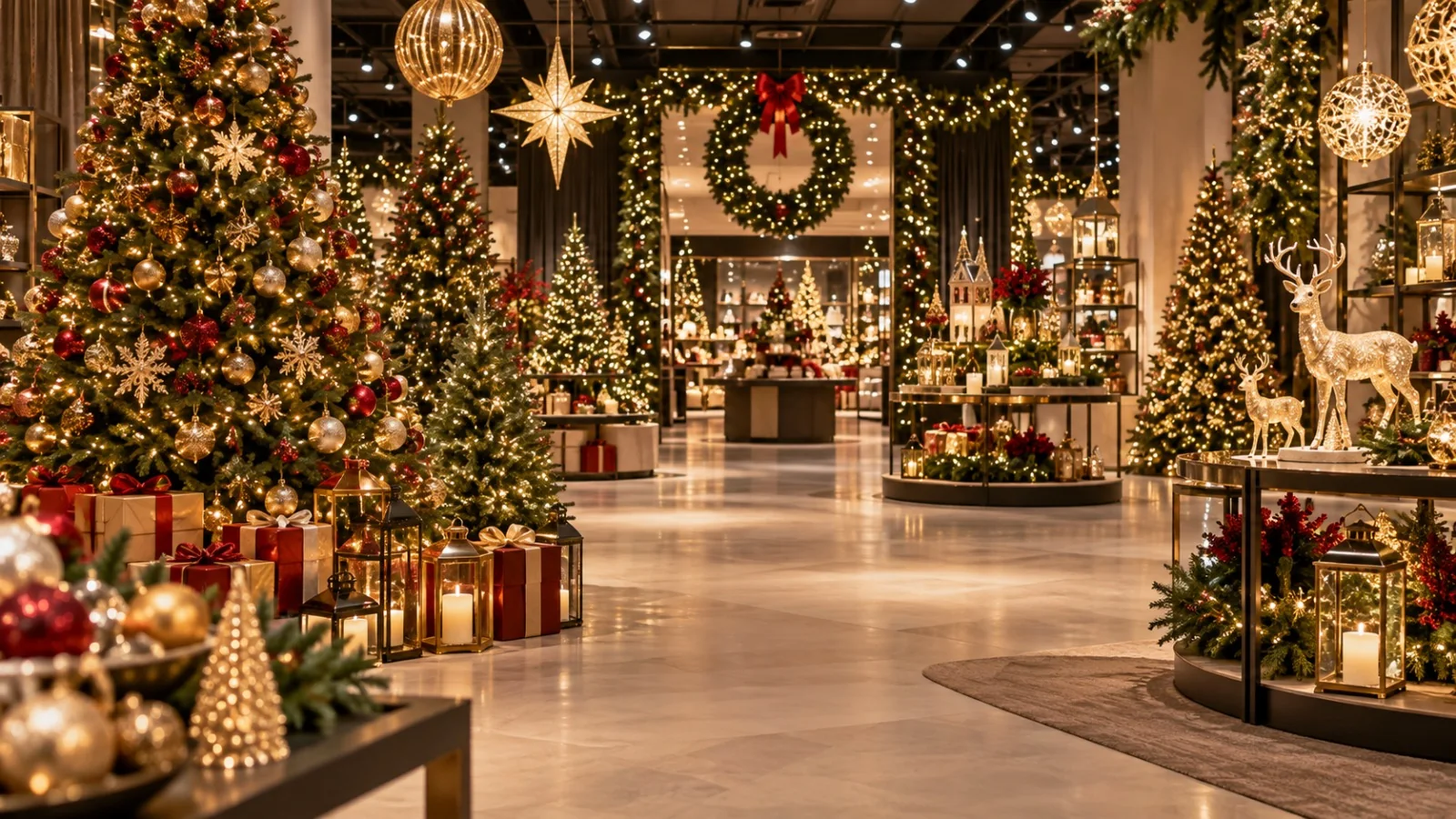 Una tienda decorada con árboles de Navidad iluminados, coronas y decoración de temporada